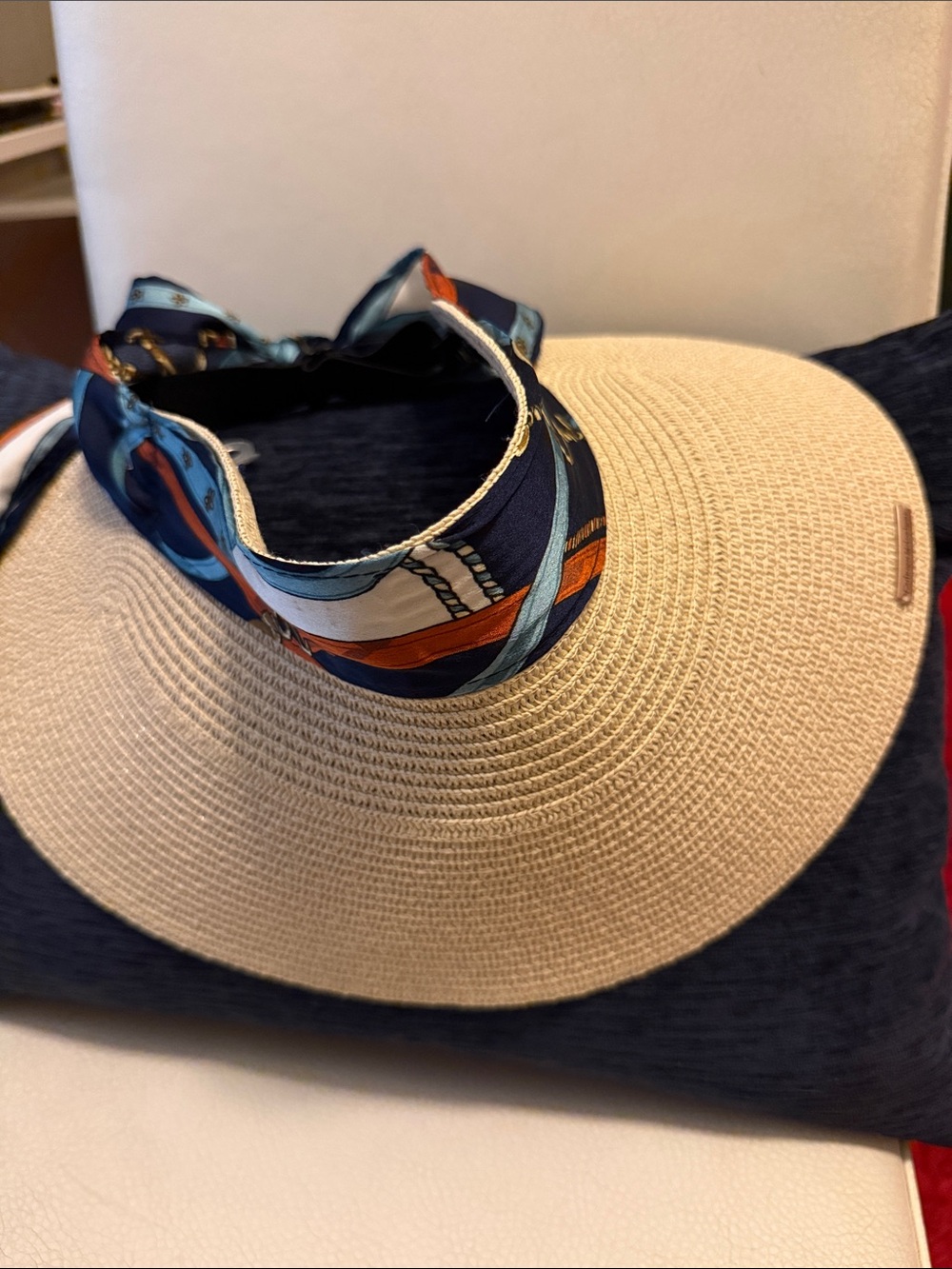 Catherine Malandrino Natural Straw Sun Visor with Navy Accent